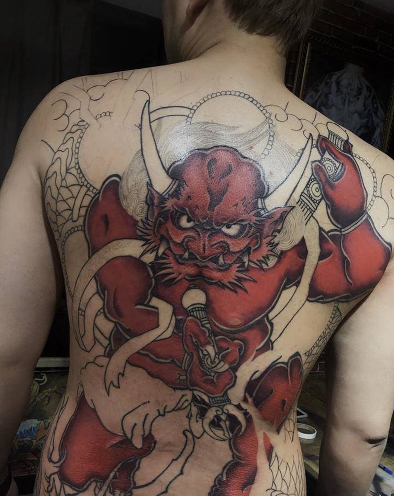 雷神纹身图片_臀部背部新传统老传统风神雷神日式老传统满背纹身图案