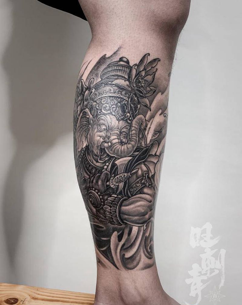 小腿象神纹身图片_腿部老传统新传统象神纹身图案