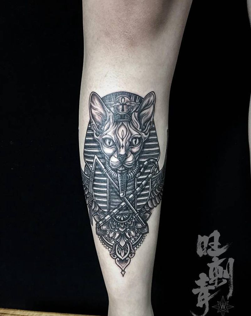法老无毛猫纹身图片_腿部欧美写实无毛猫纹身图案
