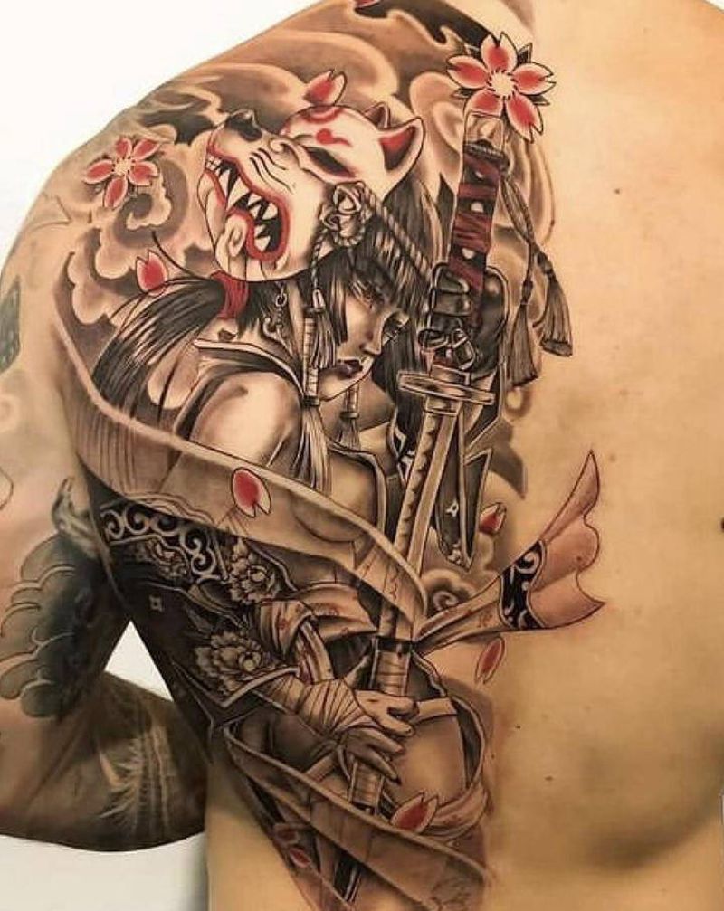 女武士/艺妓纹身图片_背部新传统老传统纹身图案