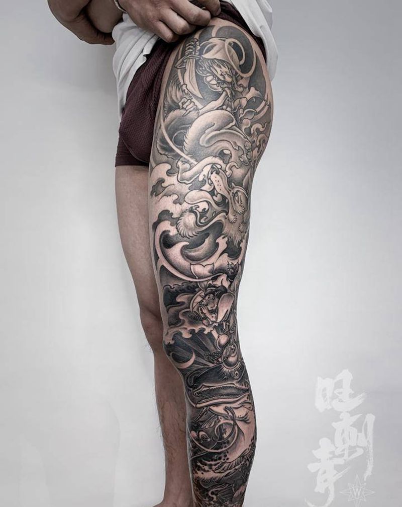 传统黑灰花腿纹身图片_腿部老传统新传统纹身图案
