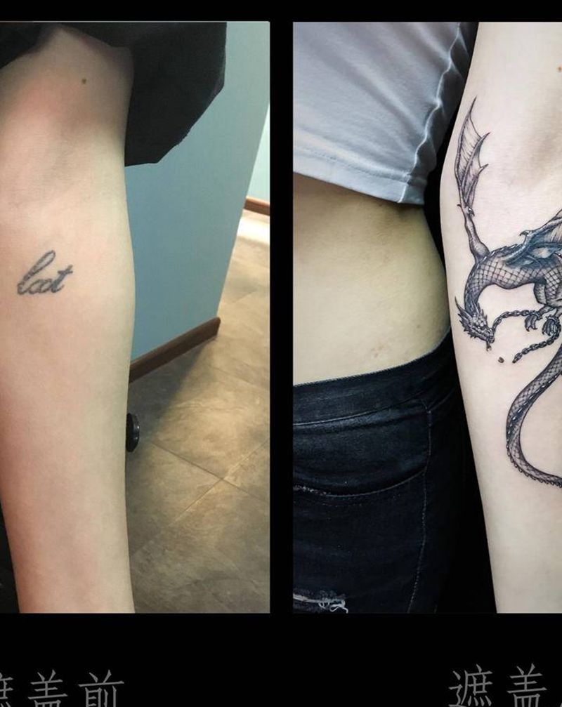 小飞龙遮盖旧纹身纹身图片_手臂欧美写实图腾龙纹身图案