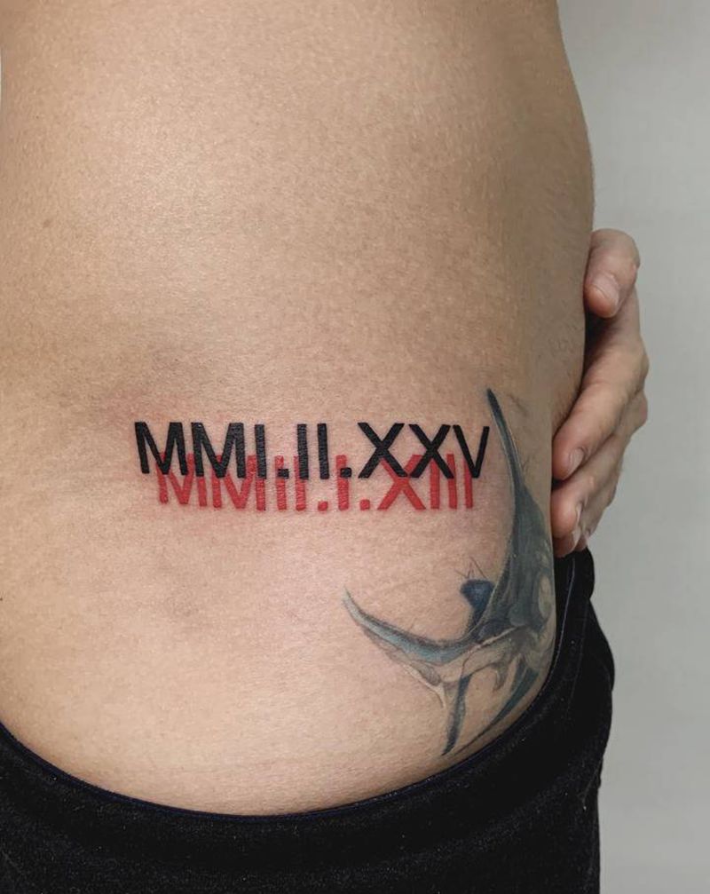 罗马数字纹身图片_臀部腰部图腾几何罗马数字纹身图案