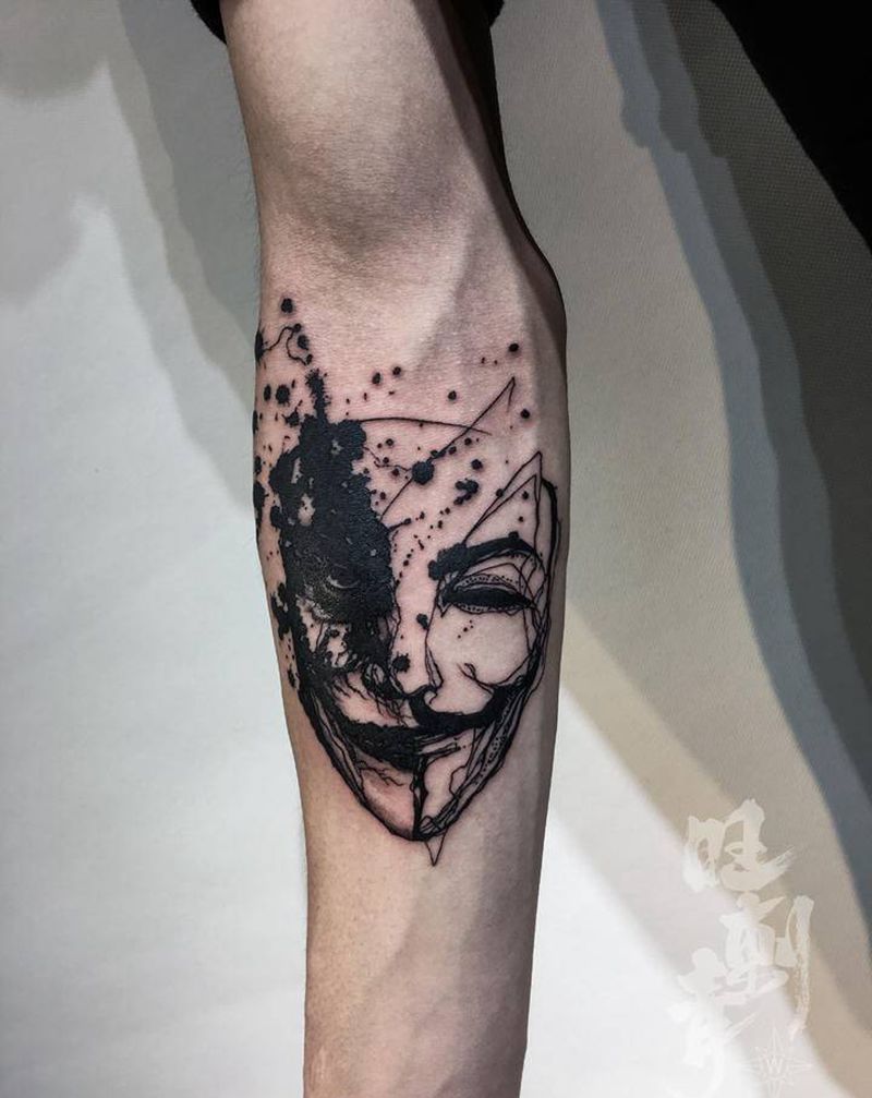 joker&v字纹身图片_手臂水彩水墨小丑v字仇杀队纹身图案