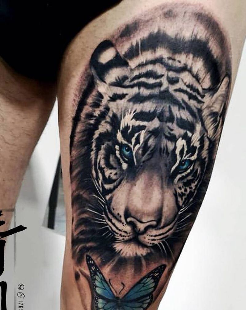 写实老虎纹身图片_腿部欧美写实纹身图案