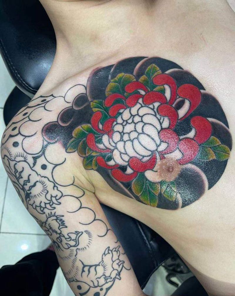 日式半甲纹身图片_手臂肩部日式菊花纹身图案
