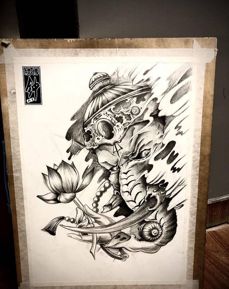 原创象神手稿纹身图片_腿部背部新传统老传统纹身图案