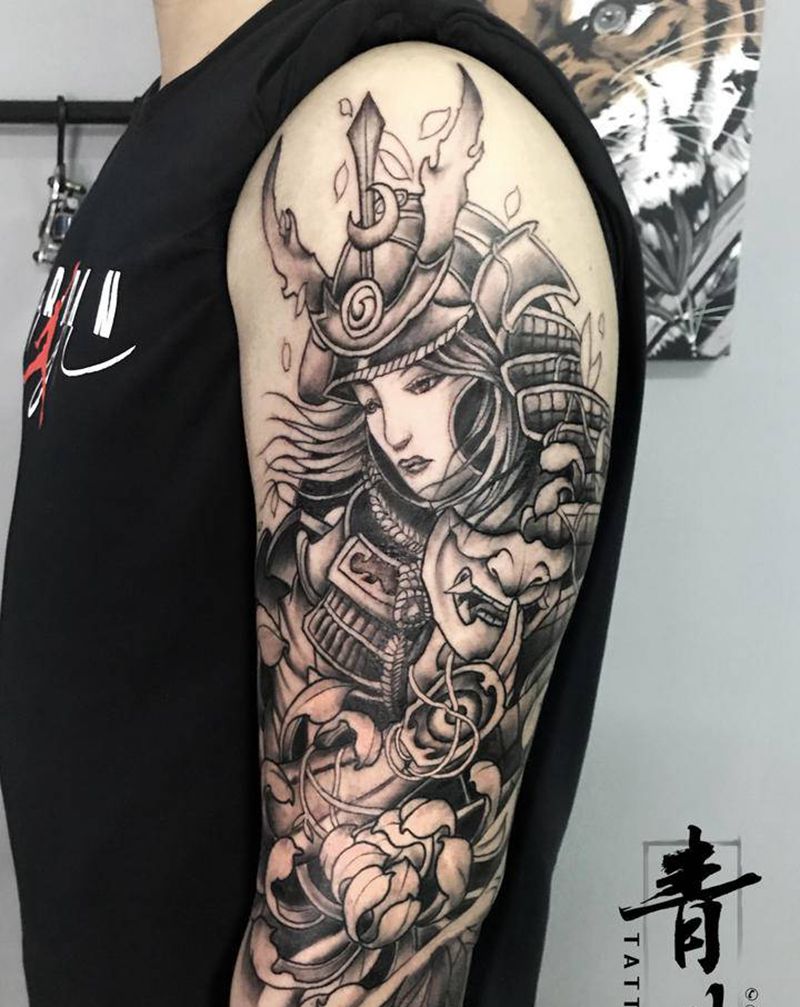 女武士七分袖纹身图片_手臂老传统新传统纹身图案