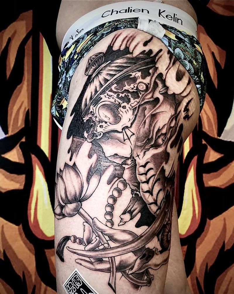 原创象神纹身图片_腿部新传统老传统纹身图案