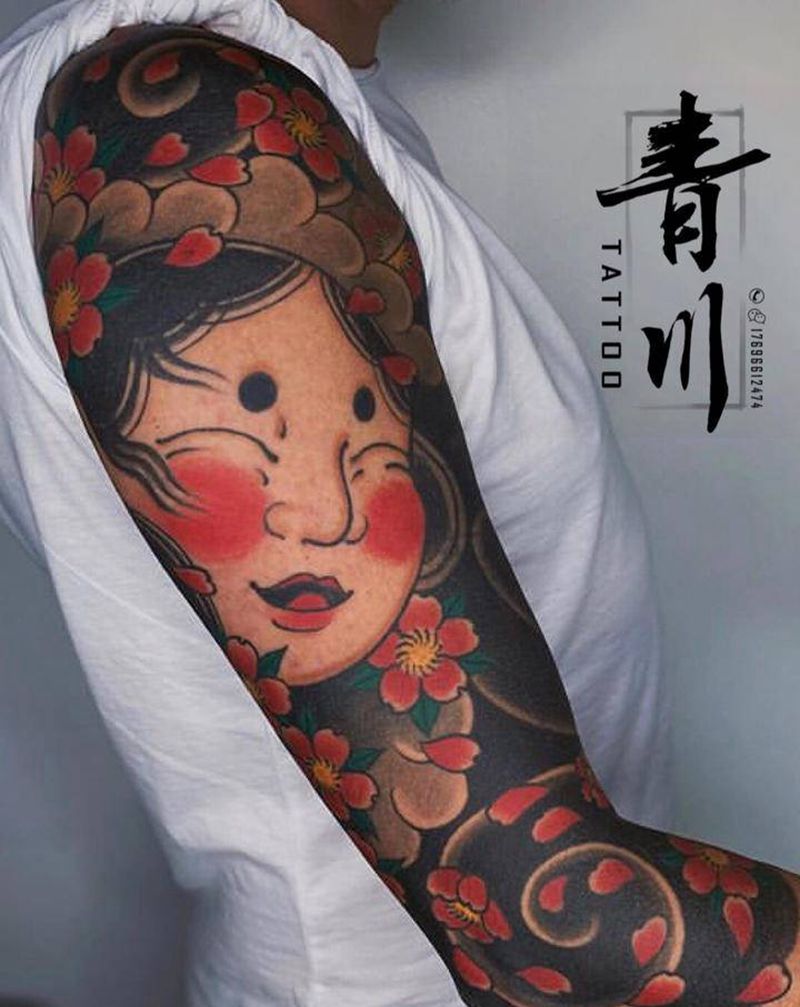 日式花臂七分袖纹身图片_手臂老传统新传统纹身图案