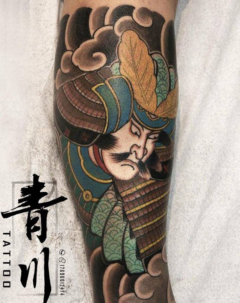 日本武士纹身图片_腿部老传统新传统纹身图案