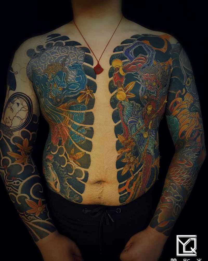 风神雷神纹身图片_腹部胸部新传统老传统开衫沈阳老传统纹身图案