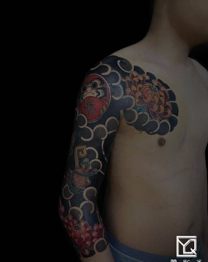 七分袖半甲纹身图片_肩部手臂老传统日式老传统半甲花臂纹身图案