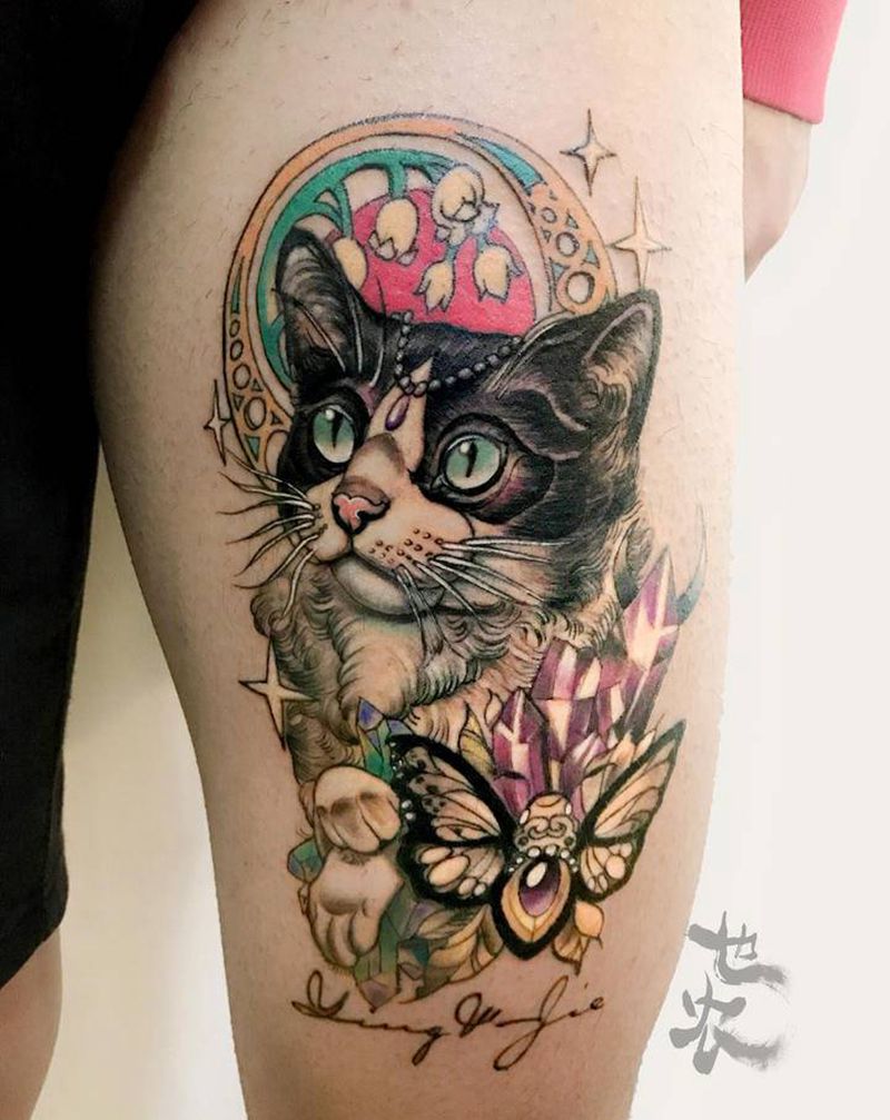 new school 猫纹身图片_腹部胸部New SchoolOld School钻石花男生女生纹身图案