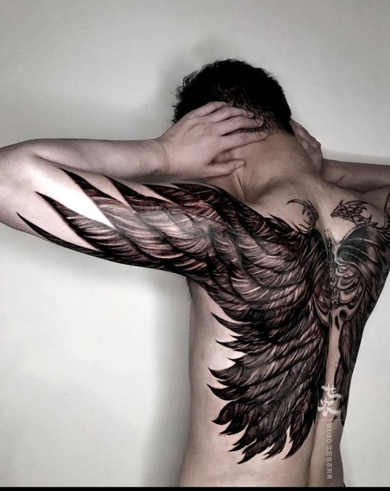 【黑暗与光明】纹身图片_背部胸部欧美写实New School羽翼翅膀满背纹身图案