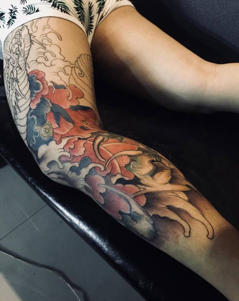 青龙，超小皮损纹身图片_腿部新传统纹身图案