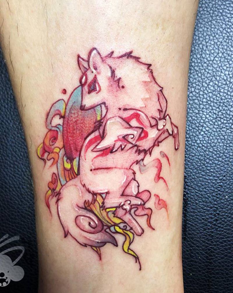狐仙纹身图片_腿部新传统图腾狐狸水彩水墨纹身图案