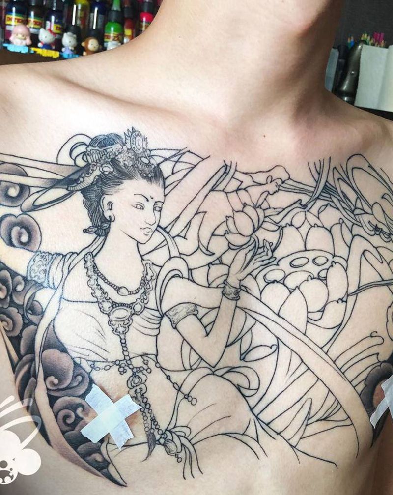 飞天纹身图片_胸部新传统飞天敦煌壁画仙女纹身图案