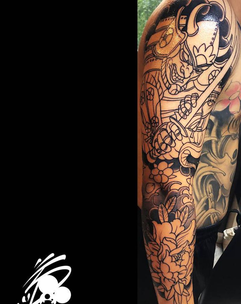 甲胄纹身图片_手臂老传统甲胄鬼武士牡丹纹身图案