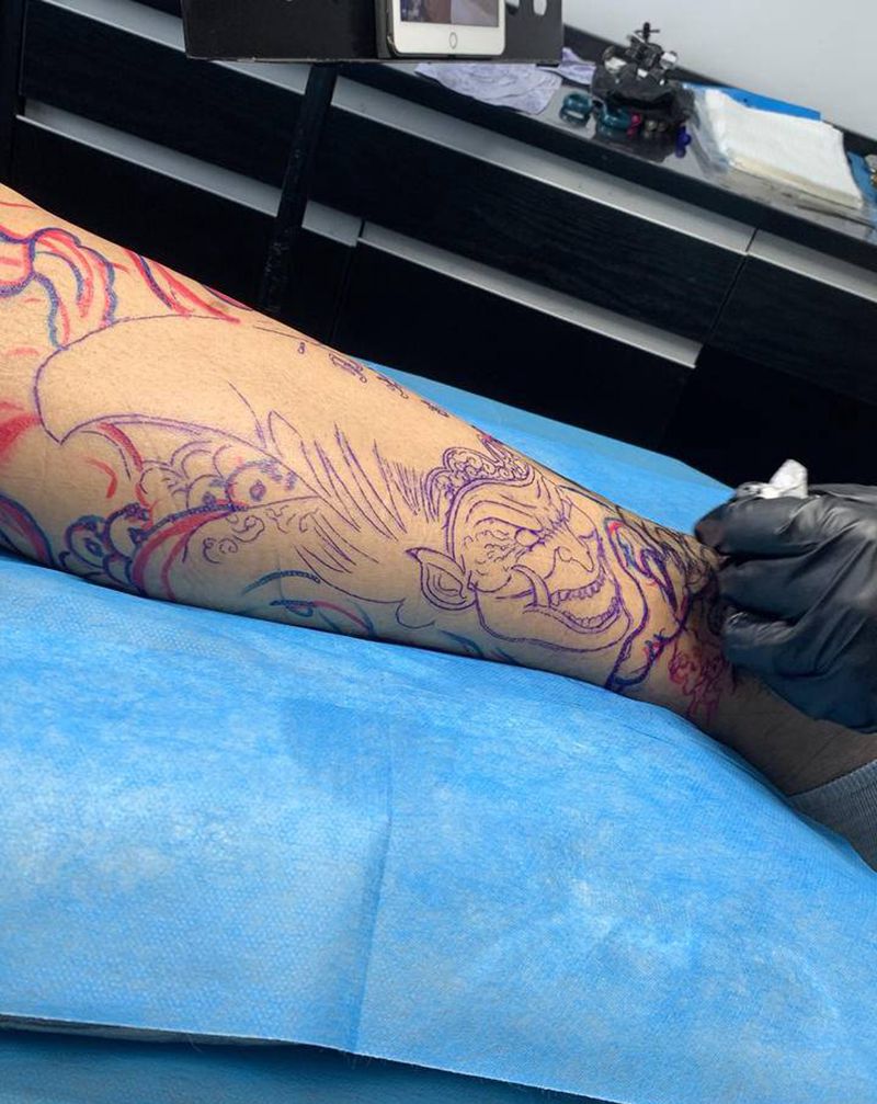 《黑白无常》纹身图片_腿部老传统新传统纹身图案