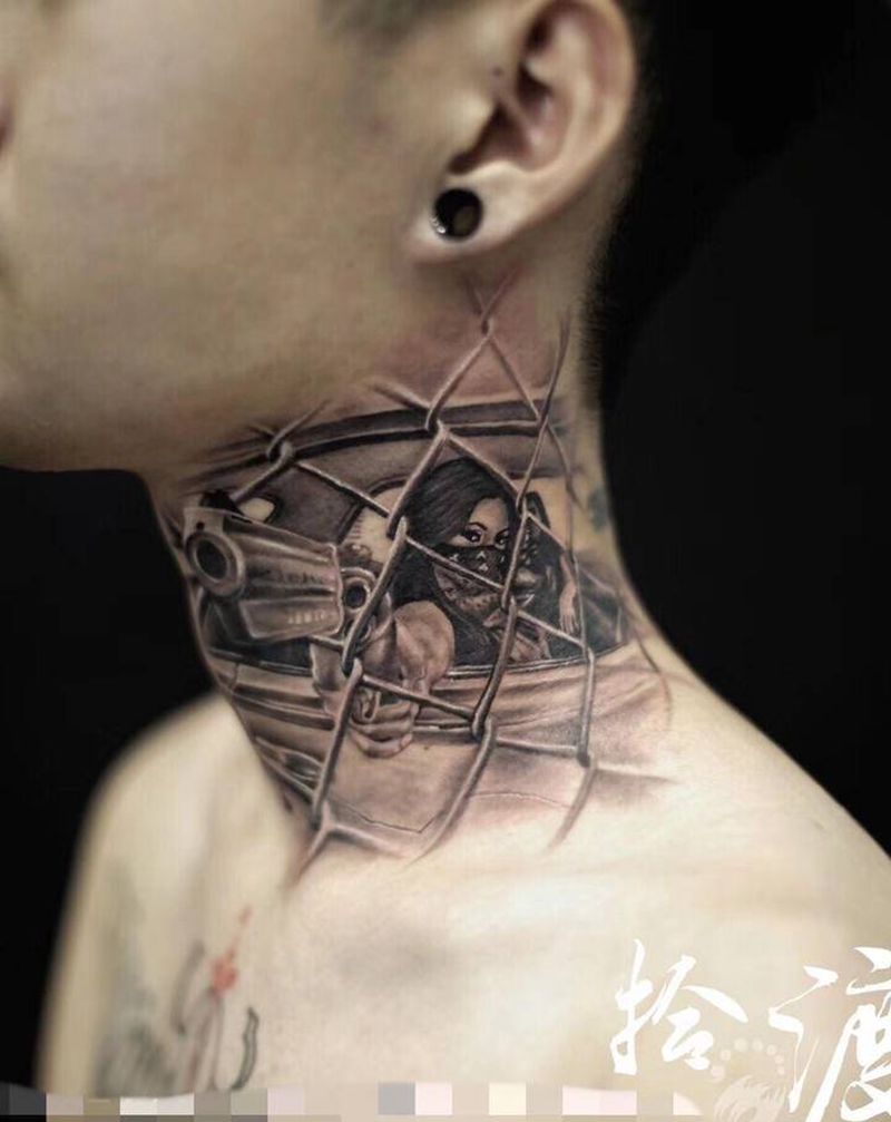 by拾渡纹身图片_颈部欧美写实纹身图案