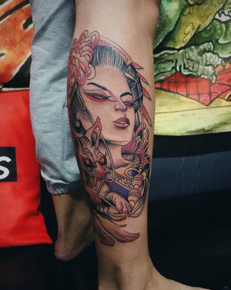 艺妓纹身图片_腿部新传统纹身图案