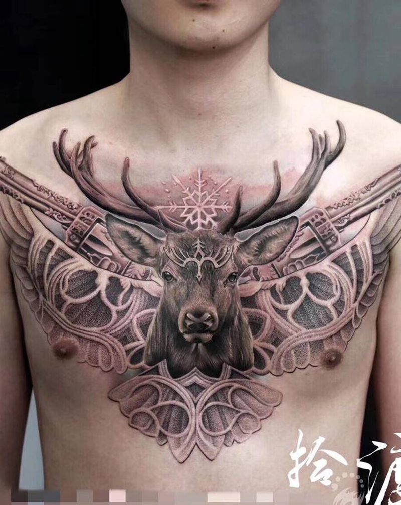 by拾渡纹身图片_胸部欧美写实点刺纹身图案