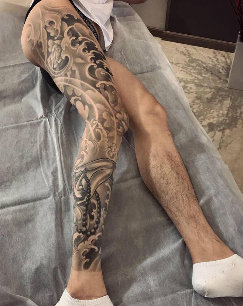 莲年富贵纹身图片_新传统牡丹莲花水浪纹身图案