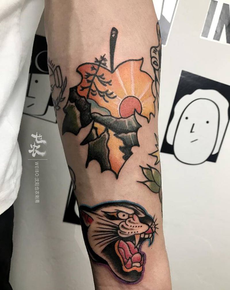 school小图拼花臂纹身图片_手臂腿部Old SchoolNew School花臂情侣豹子纹身图案