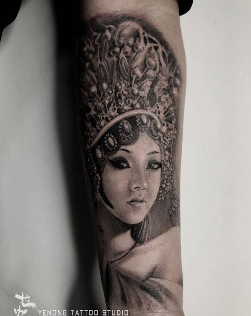 写实花旦纹身图片_手臂腿部欧美写实新传统花旦艺妓京剧纹身图案