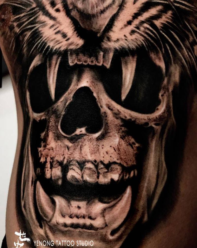 定制设计写实-虎-骷髅纹身图片_胸部背部欧美写实New School老虎骷髅满背纹身图案