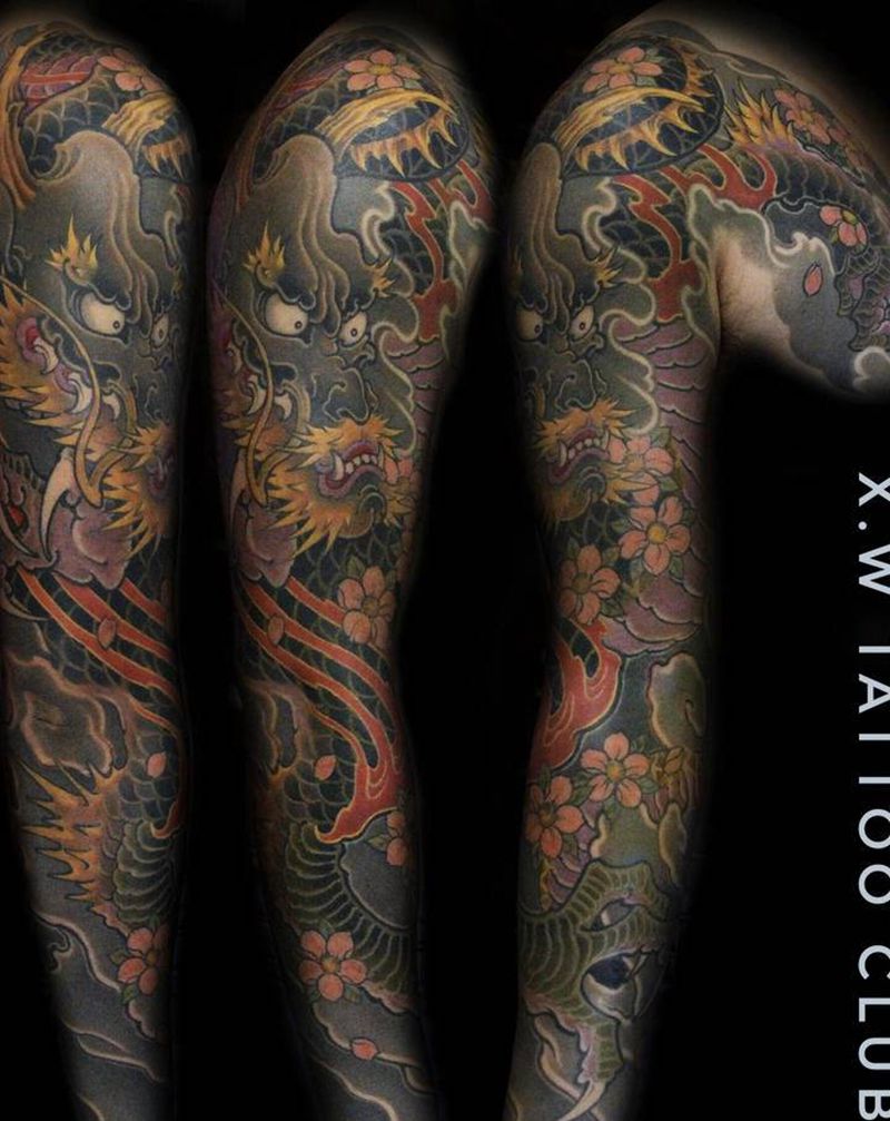 龙花臂纹身图片_手臂新传统小伟刺青纹身图案
