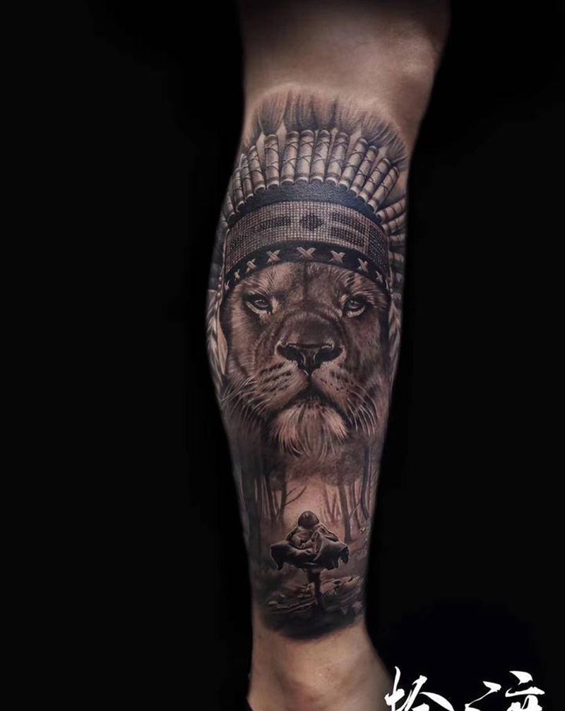 by拾渡纹身图片_腿部欧美写实纹身图案