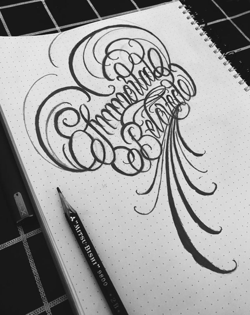 520花体字手稿纹身图片_腿部臀部花体字图腾纹身图案