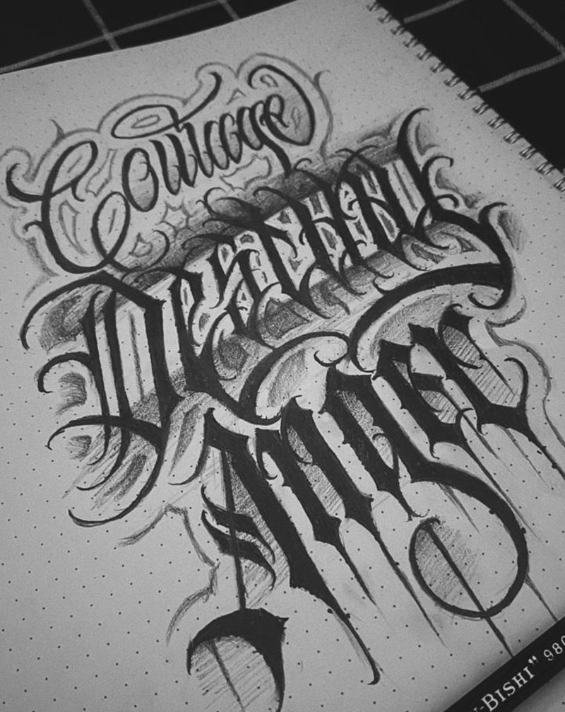 花体字手稿子纹身图片_手臂腰部花体字点刺纹身图案