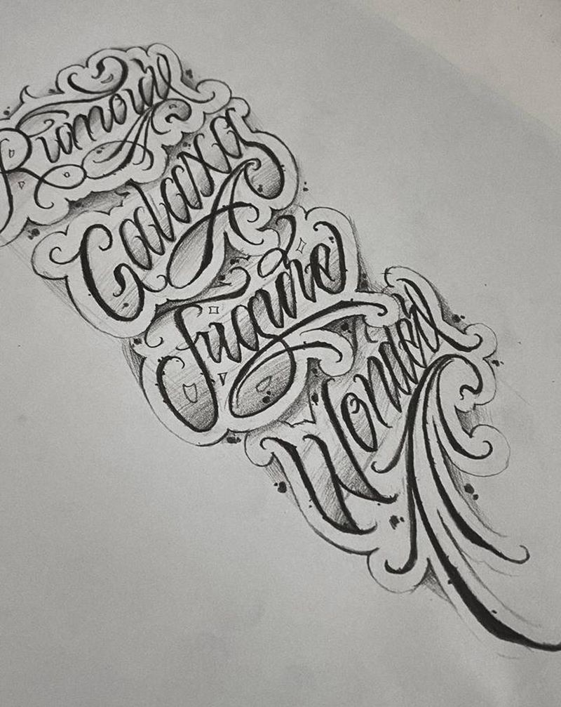 沈阳花体字手稿纹身图片_腿部手臂花体字Old School纹身图案