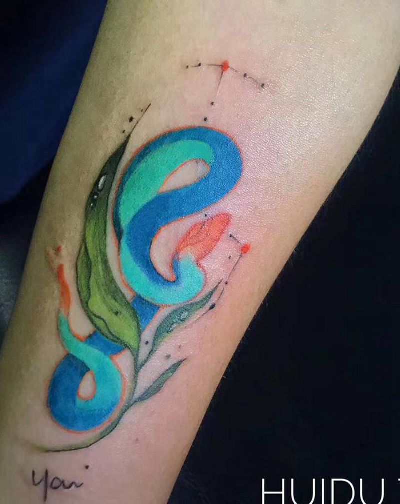 叶子、蛇纹身图片_手臂水彩纹身图案