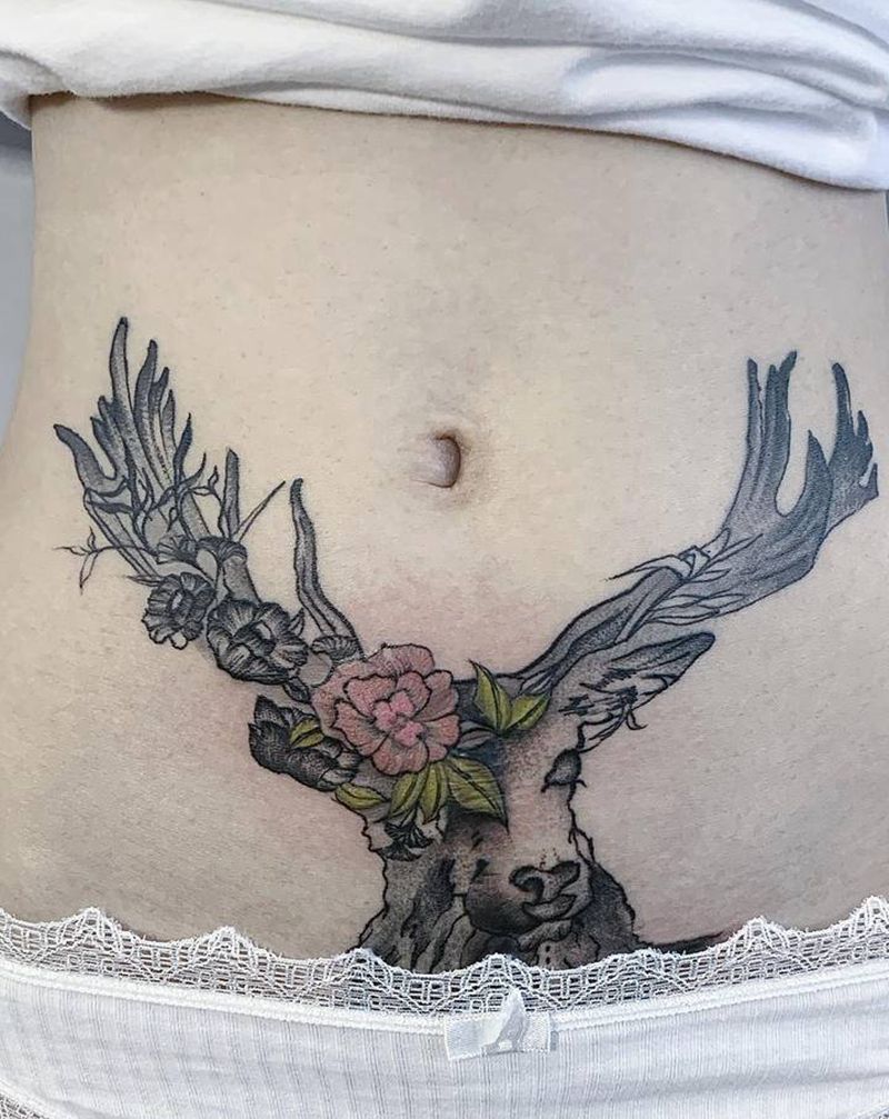 全手绘《鹿》纹身图片_腹部点刺纹身图案