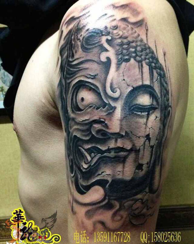 佛与魔纹身图片_肩部手臂欧美写实纹身图案