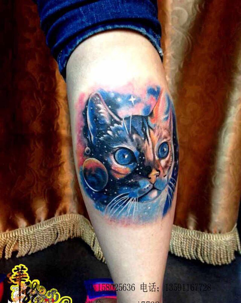 小猫纹身图片_脚部腿部水彩欧美写实纹身图案