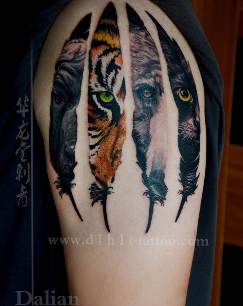 羽毛纹身图片_手部手臂欧美写实水彩纹身图案