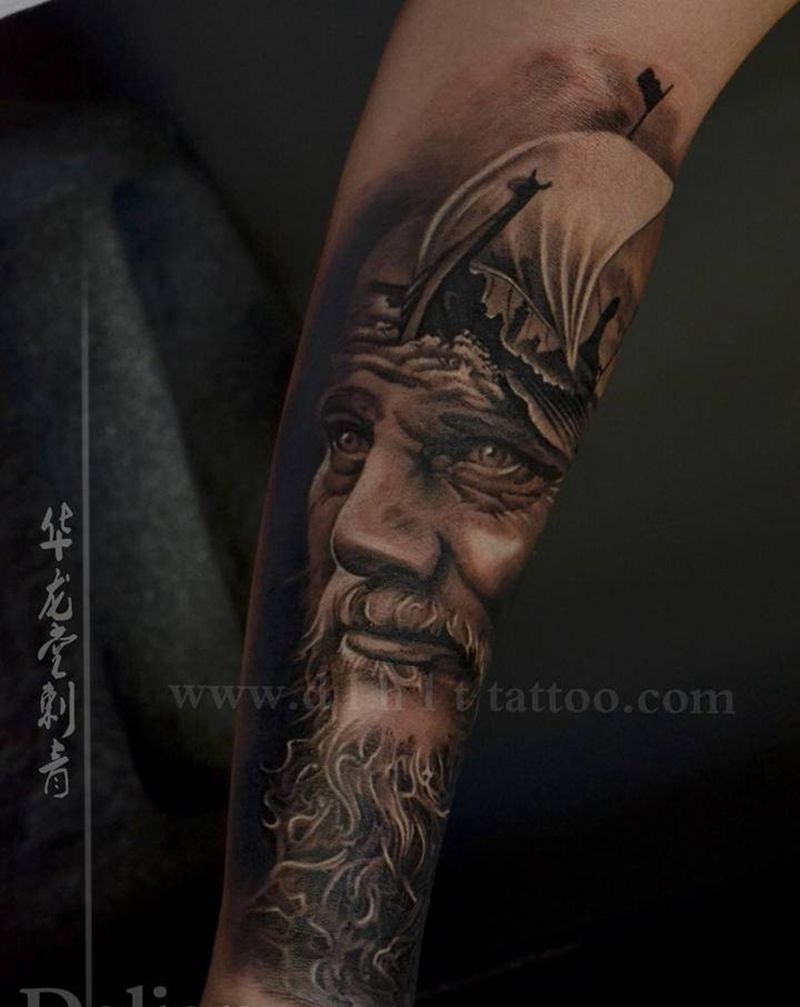 老人纹身图片_手臂欧美写实纹身图案