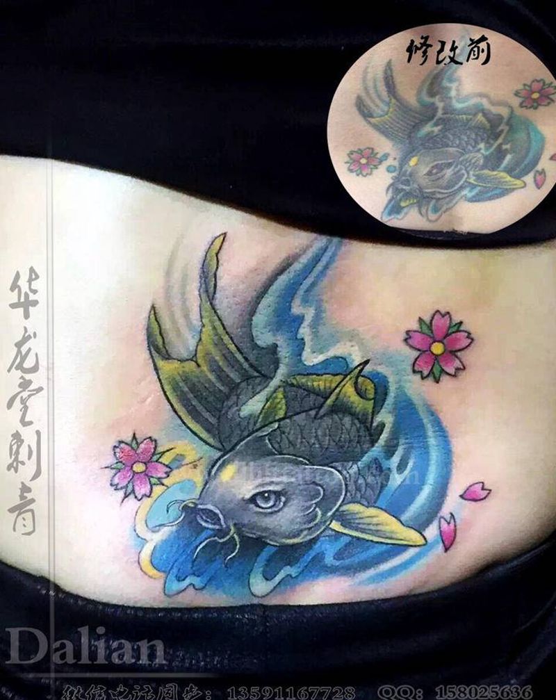 修改遮盖纹身图片_腹部新传统水彩纹身图案