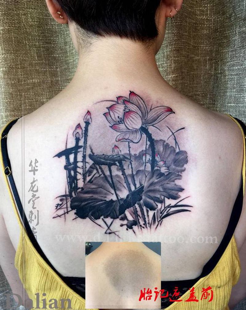 胎记遮盖纹身图片_背部水墨纹身图案