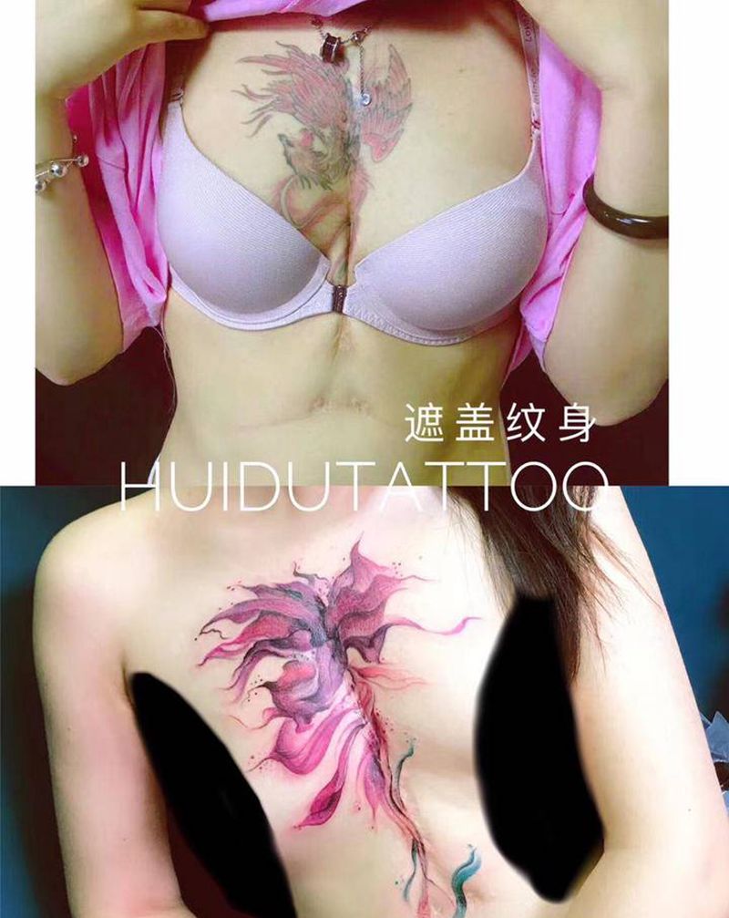 遮盖纹身图片_胸部水墨水彩纹身图案