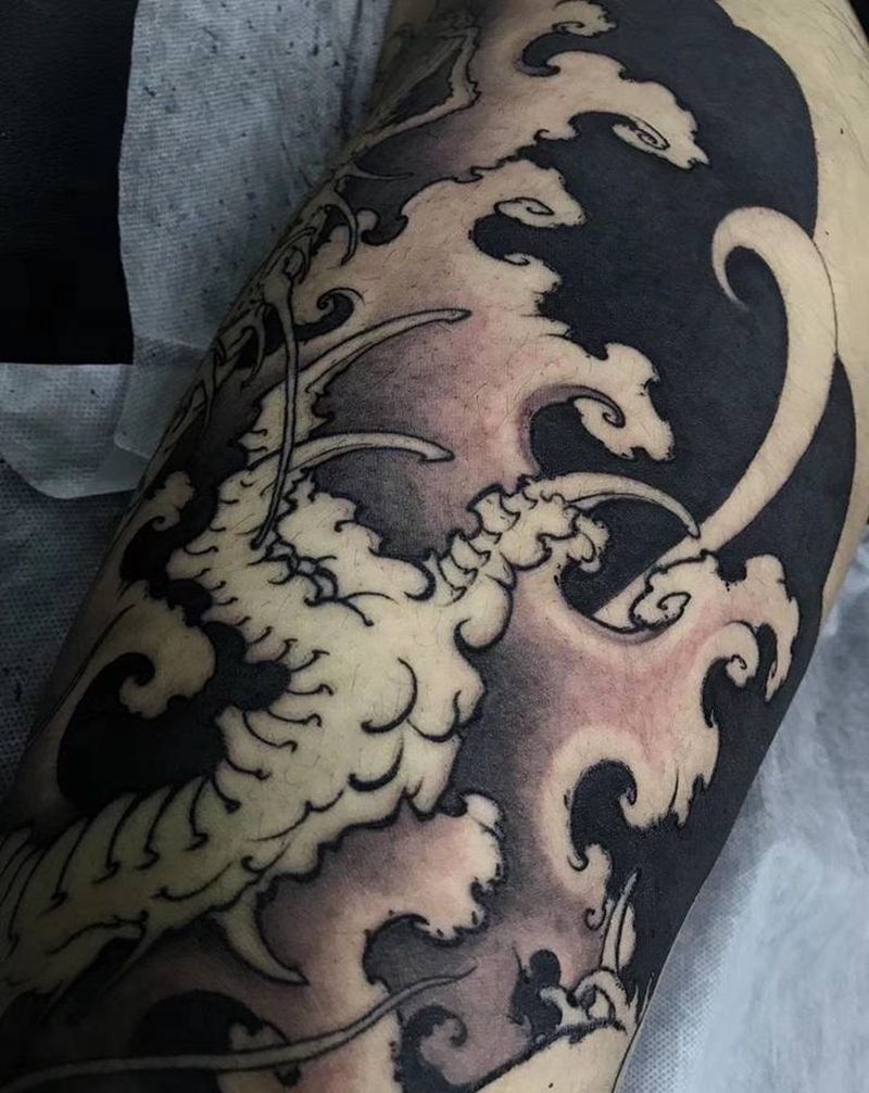 龙腿纹身图片_腿部新传统纹身图案