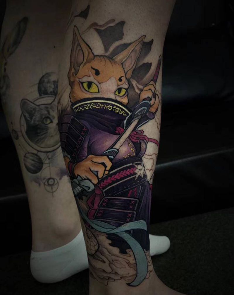 佐助 忍者猫纹身图片_腿部新传统纹身图案