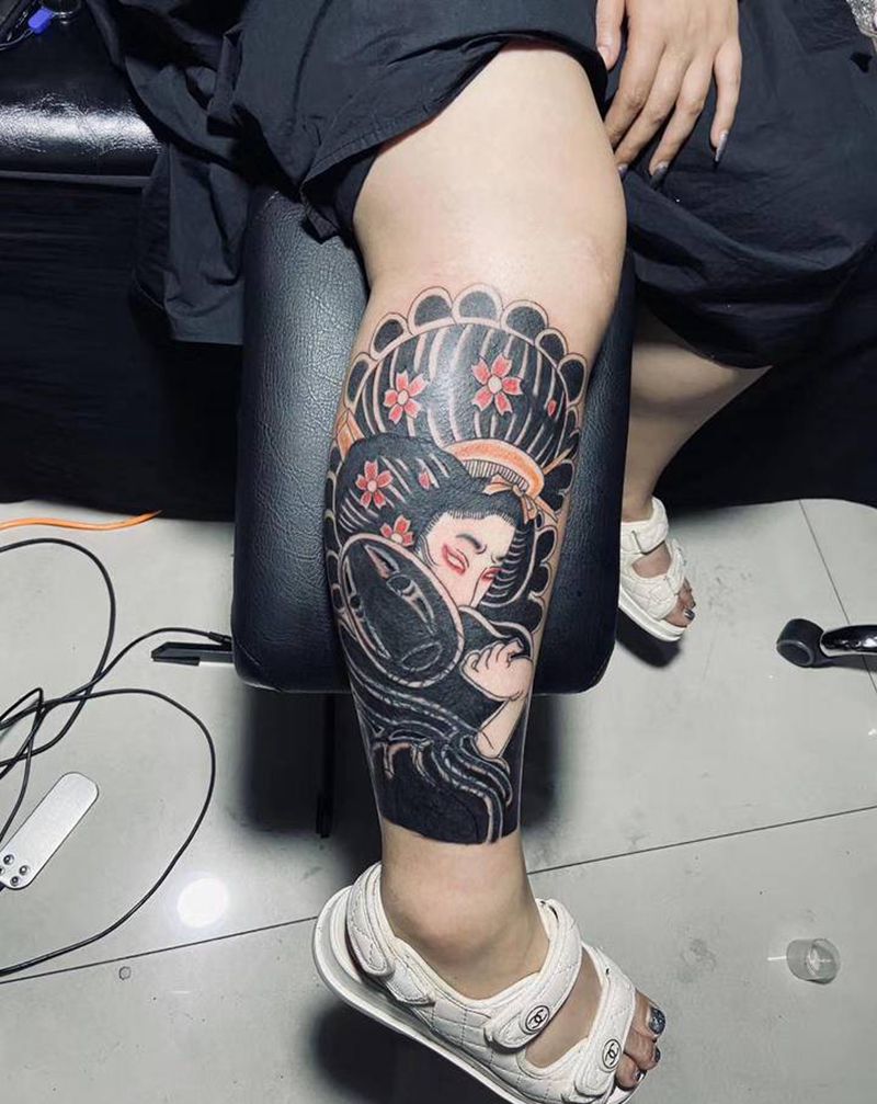 遮盖纹身图片_腿部老传统遮盖艺妓老传统纹身图案