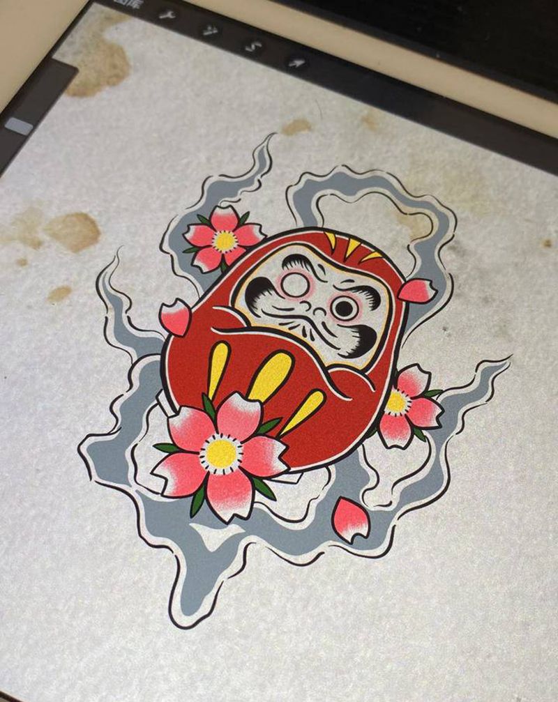 达摩蛋手稿纹身图片_手臂腿部老传统纹身图案