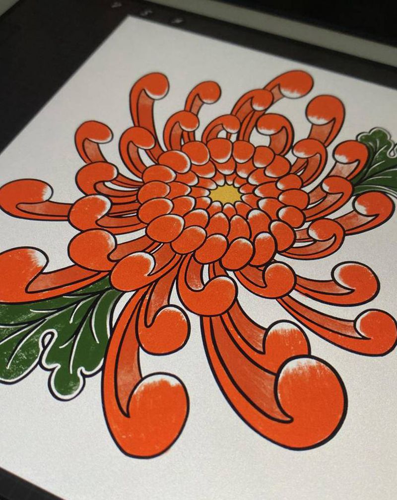 日式菊花手稿纹身图片_手臂腿部老传统纹身图案